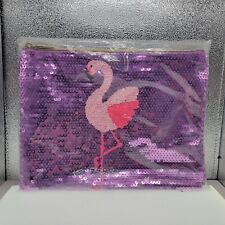 Tarte Pink Flamingo One Legged Bird Purple Sequin Cosmetic Bag Zip Pouch 7"x9.5"
