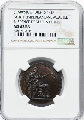 Great Britain - 1790's Northumberland - Spence's 1/2 d Token - NGC MS62 BN - Image 1 of 2