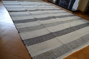 Natural Wool Rug Handmade Woven Large Kilim Carpet 150x240cm Black Cream Eco - Picture 1 of 6