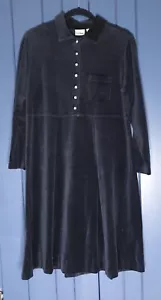 Vintage LL Bean Black Velour Midi Dress Size 10 Petite Button Top Chest Pocket - Picture 1 of 4