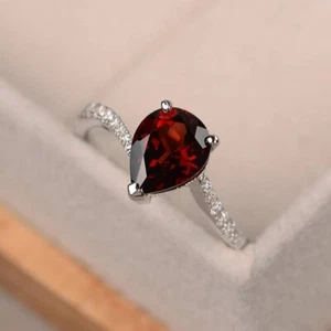 1.70Ct Pear Natural Garnet & Diamond Wedding Ring 14K Real White Gold Size 6 7 - Picture 1 of 6