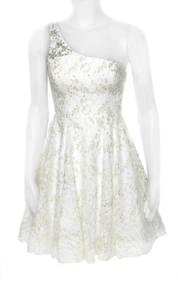 Белое мини-платье с блестками кружева и бисера одно плечо подходит и расклешенный Juniors размер 3 - Изображение 1 из 4