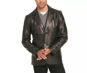 Leather Blazer Mens Coat Men Vintage Soft Lambskin Fit Slim Two Button Black 3 - Picture 1 of 5