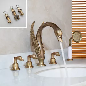 Swan Design Bathtub Faucet and Handheld Shower 5 Holes Deck Mount Tub Filler Set - Picture 1 of 25