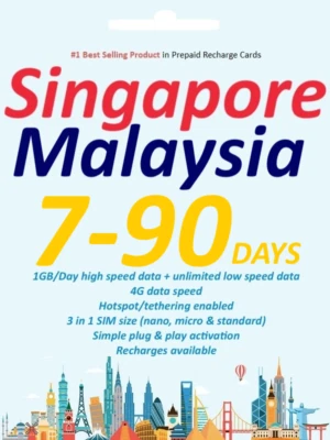 Singapore Malaysia Travel SIM Card 5G | 1GB/Day + Unlimited | 7-90 Days Prepaid - Image 1 of 2