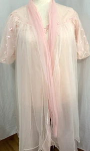 Vintage Pink Peignoir Robe Baby Doll Starlet 60s Double Chiffon Gmc USA Size Med - Picture 1 of 11