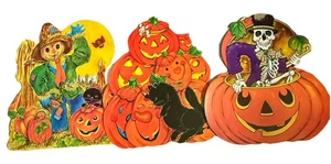 Lotto di 3 zucche vintage Halloween carta fustellata spaventapasseri gatto scheletro - Foto 1 di 7