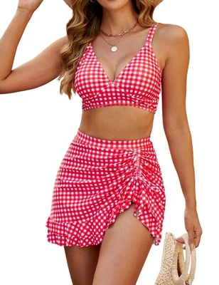 Bikini traje de baño de dos piezas Blooming Jelly para mujer talla L rojo blanco falda a cuadros Foto 1 de 4