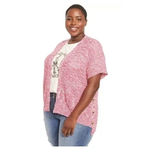 Lane Bryant Sz 14 16 Short Sleeve Side Slit Open Front Sweater Gin Fizz Pink - Picture 1 of 12
