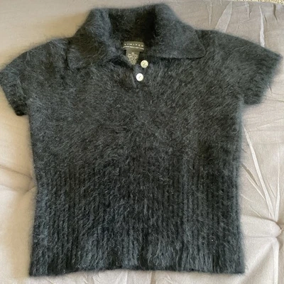 70% Angora Fuzzy 复古限量版黑色短袖 Polo 毛衣 XS — 第 1/4 张图片