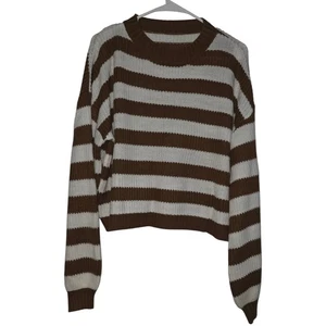 Women's Brown & White Striped Long Sleeve Cropped Sweater Medium Shein Acrylic - Picture 1 of 5
