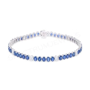 Natürlich Blauer Saphir Si / H Oval Diamant Armband 18k Weiß Solid Gold 8.63 TCW - Bild 1 von 12