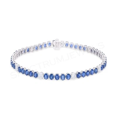Natürlich Blauer Saphir Si / H Oval Diamant Armband 18k Weiß Solid Gold 8.63 TCW - Bild 1 von 4