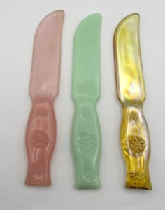 VINTAGE GLASS CAKE KNIVES - JADEITE/AMBER/PINK - SET OF 3 (8.5" long) - Picture 1 of 5