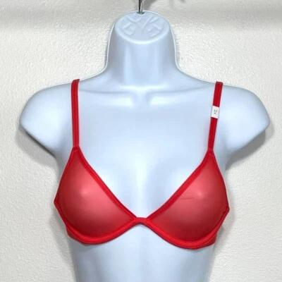 NWOT Calvin Klein Womens 32A Sheer Marquisette Unlined Plunge Bra QF6727 Red - Image 1 of 4