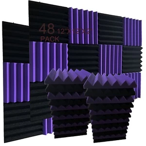 48 PACK 12"X12"X2" Acoustic Foam Panel Wedge Studio Wall Tiles Black Purple - Picture 1 of 10