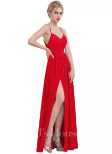 JJ's House ~ Red Chiffon V-Neck Cut Out Back Formal Gown 12 NEW $114 - Picture 1 of 6