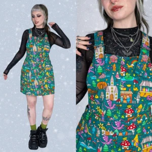 RUN AND FLY Pinafore Dress Fairytales Print Dungaree dress 8-26 Cute Alt Pattern - Picture 1 of 14
