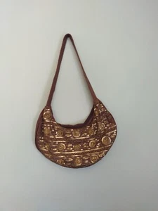 Women's Brown Boho Y2K Shoulder Bag Gold Sequins And Beads Canvas - Picture 1 of 8