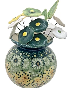 Polish Pottery Round Vase RK52 Roksana w 13 Polish Ceramic Flowers 2 Leaves - Picture 1 of 9