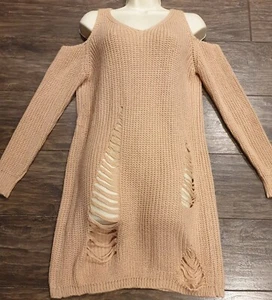 Blush Pink Oversized Distressed Laddered Cold Shoulder Sweater Jumper Dress - Picture 1 of 6