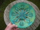 CARNIVAL GLASS BROCKWITZ SUPERB EMERALD GREEN FOUR FLOWERS VARIANT 9 INCH PLATE
