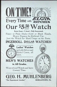 Reloj Bolsillo Geo H Muhlenburg Morgantown PA Elgin Ingersoll Anuncio Impreso Años 20 - Imagen 1 de 2