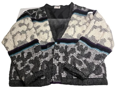 Cárdigan de lana de cordero vintage Allen Wah años 80 rayas de gran tamaño abstracto grande Foto 1 de 4