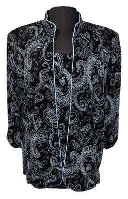 Alex Evenings 2 件套夹克上衣套装女式 2X 码黑色蓝色佩斯利闪亮阅读 — 第 1/4 张图片