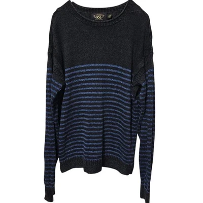 RRL Indigo Linen Cotton Border Knit Sweater Wash Genuine Indigo Dyed Used - Image 1 of 4