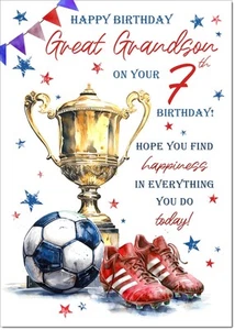 Doodlecards Great Grandson 7th Birthday Card Age 7 Footballer's Trophy - Picture 1 of 4