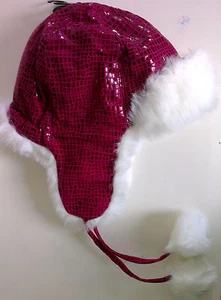 LADIES LEATHER LOOK HAT PINK / RED SKI GIRLS SNOW WITH POM POM THERMAL HEADWEAR - Picture 1 of 6