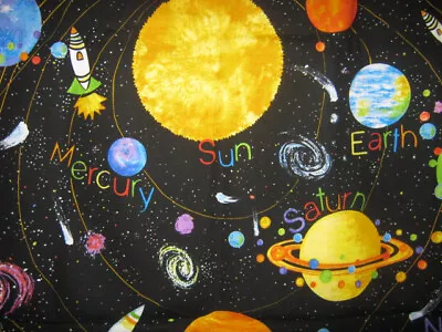 "My Universe" Fabric Exclusively Quilters Solar System Planets 28" x 44" + Tail - Image 1 of 4