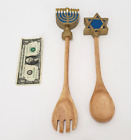 Hanukkah Wooden Spoon Serving Set - Slotted Spoon  Gold & Blue Hand-Painted Cute