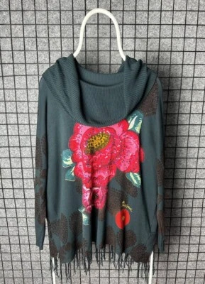 Suéter Desigual Estampado Floral Capucha Cuello Flecos Ribete Talla M Foto 1 de 4