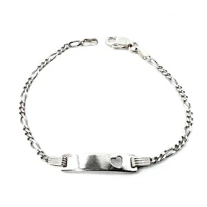 925 Sterling Silver ID Bracelet W/ Love Heart - Figaro Link - 16cm - 5.5mm Wide - Picture 1 of 6