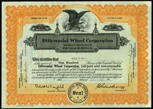 USA: Differential Wheel Corporation, 1 $ Aktie, 1939, Doppelradsystem für... - Bild 1 von 1