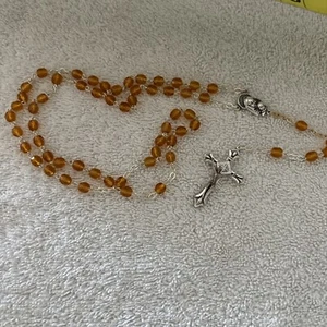 Amber Glass Beads Catholic Rosary Necklace 14” - Picture 1 of 6