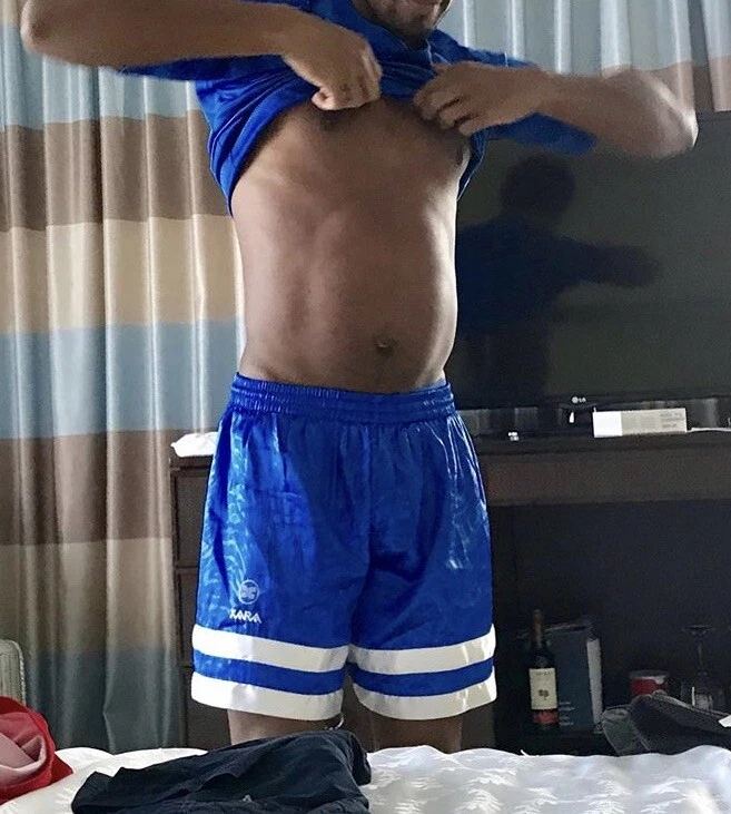 Суперредкие винтажные нейлоновые футбольные шорты Xara 90-е Glanz синие белые шелковистые маленькие - Изображение 1 из 4