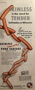 Anuncio impreso vintage 1952 Tee Pak sin piel Franks Weiners salchicha de cerdo transparente - Imagen 1 de 2