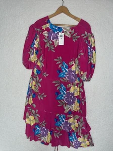 NWT Lauren Ralph Lauren Womens Pink Puff Sleeve Floral Ruffle Mini Dress Sz 16w - Picture 1 of 12