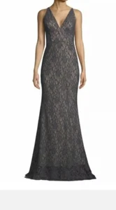 NWT BETSY & ADAM Women's Dark Gray/nude Glitter Lace Gown Dress 6 $219 value - Picture 1 of 5