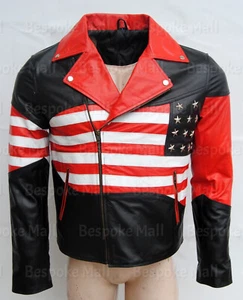 New Men's Handmade USA Star Flag Brando Style Black Genuine Leather Jacket-535 - Picture 1 of 4