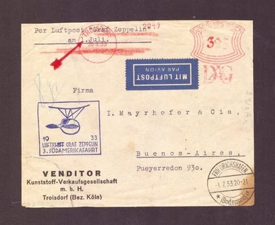 Zeppelin Beleg Graf Zeppelin - 3. Südamerikafahrt 1933 n. Buenos Aires - Bild 1 von 2