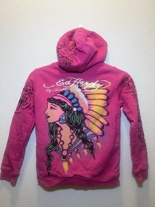 Ed Hardy by Christian Audigier Kids Size Large Pink Sweatshirt Zip Up Hoodie y2k - Picture 1 of 20