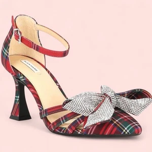 Alex Marie Carmela Plaid Rhinestone Bow Ankle Strap Pumps Size 9.5 NEW - Picture 1 of 6