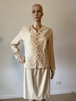 复古 R&K Originals 小号米色裙子和刺绣夹克外套弹力 6P — 第 1/4 张图片