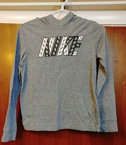 Nike Hoodie Lightweight Long Sleeve Pullover Youth Medium Spellout Pattern Gray - Picture 1 of 5