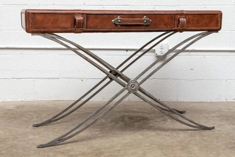 Vintage Leather Luggage Form Accent Table With Spayed Iron Base Cover