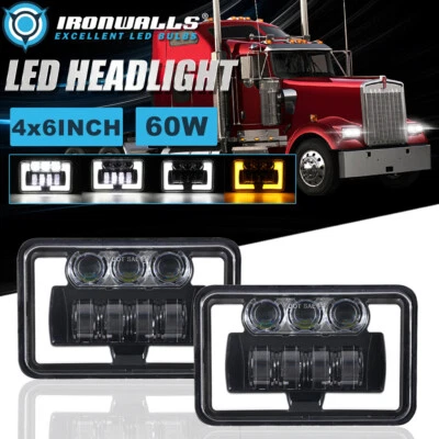 Par de faros LED 4x6" pulgadas haz alto/bajo DRL para Kenworth T800 T400 T600A W900 Foto 1 de 4